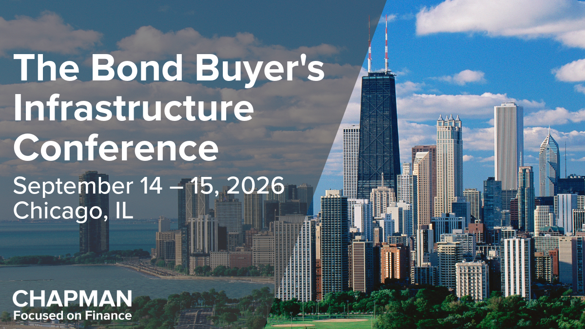 The Bond Buyer Infrastructure Conference 2026 Marketing graphic that is split in half vertically so that the left side has a blue background with white text that reads "Connect with me there! Stablecon 2026 September 9 - 10, 2026 Washington, DC" with the Chapman logo, and the right side has an image of Elizabeth (Liz) Boison, a partner in Chapman's Compliance, Regulatory and Payments Group, smiling at the camera.